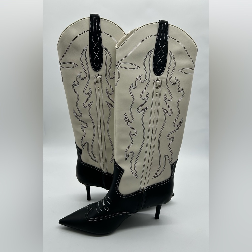 INC Hayleigh Knee-High Cowboy Vegan Boots | Black & Bone Size 7M | New With Box - Picture 9 of 11